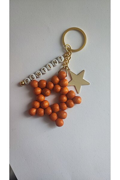 Orange Wooden Beads Keychain Key Ring with Star and Name Bag Ornament Mother's Day, Teacher's Day Gift