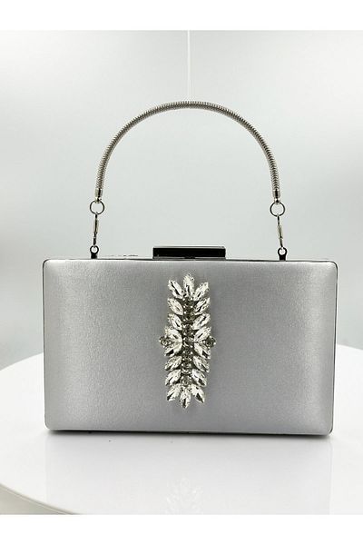 Borsetta Culoare Gri Argintiu Satin Cu Carcasa Argintie Piatra Argintie Geanta Rochie De Seara Geanta De Seara Portofoliu De Logodna Nunta