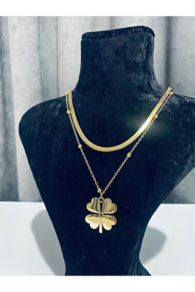 Lotus Boutique 4 YAPRAKLI ÇİFT ZİNCİR ÇELİK KOLYE
