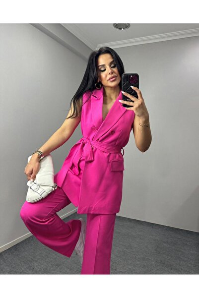 pembekurdelem Women's Belted Vest Trousers Set Fuchsia