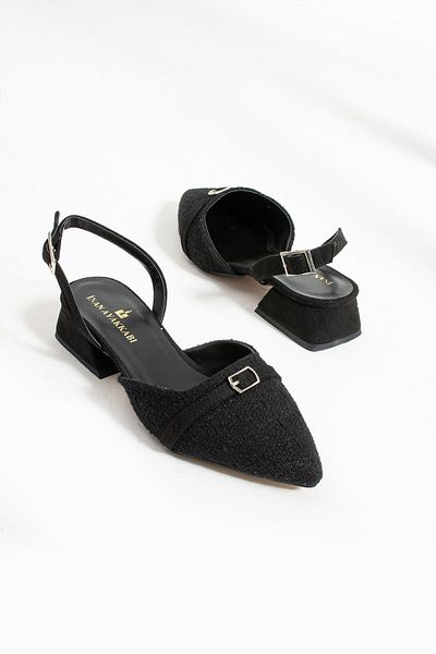 İnan Ayakkabı WOMEN'S BLACK COLOR STRAW PATTERNED HEEL SHOE (3 CM HEEL LENGTH)