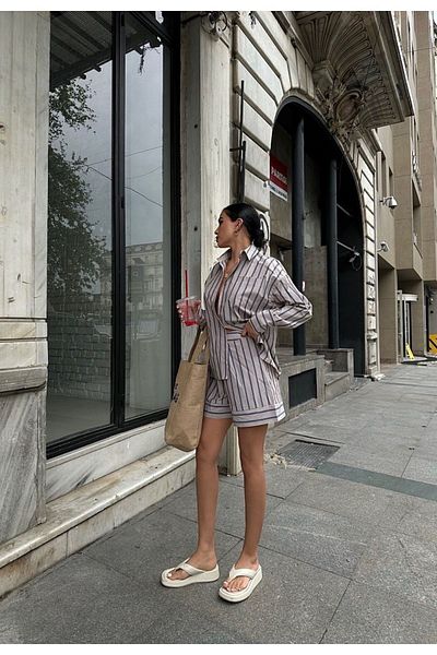 BSAY Women's Wide Striped Side Zipper Shorts Double Suit