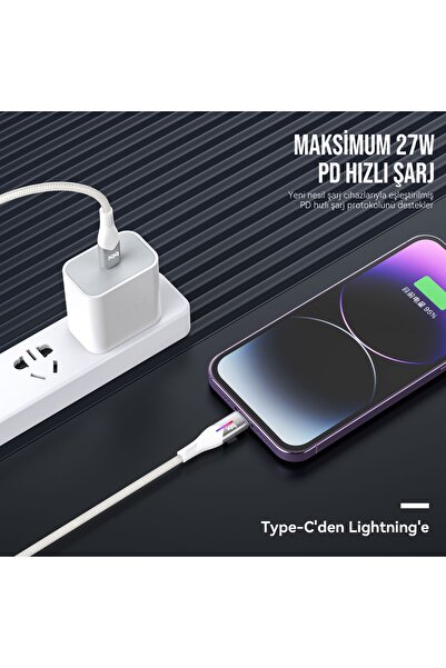 Bix BX04CL Type-C to Lightning iPhone 27W Örgülü LED Işıklı Şarj ve Data Kablosu 1 Metre Beyaz