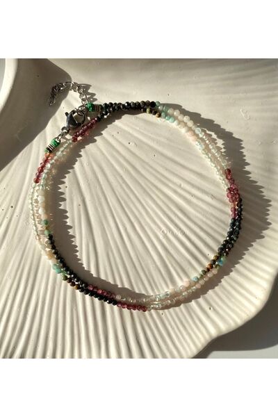 ceyn Doğal Taş Mix Dizi Çelik Kolye | Granat Turkuaz Florit Turmalin