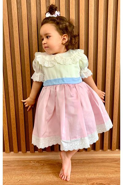 minikiti Κοριτσάκι Baby Vintage Σχέδιο Ροζ Λευκό Φόρεμα γιορτής γενεθλίων ειδικής ημέρας