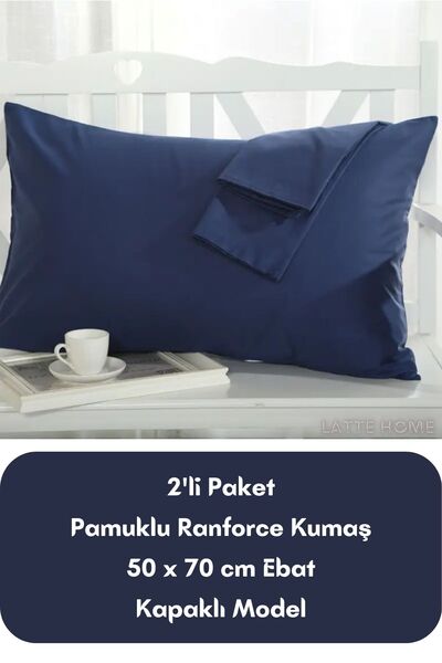 LATTE TEKSTİL Ranforce Cotton Fabric - Navy Blue, Covered Model Pillow Case 2 Pack 50x70 cm Size