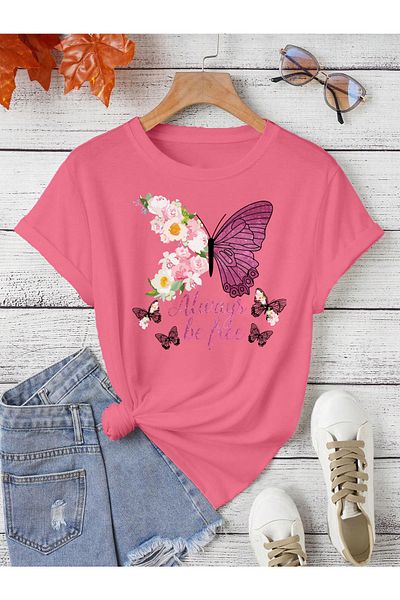 aynewmoda Always Be Free Printed Floral Butterfly Oversize T-shirt
