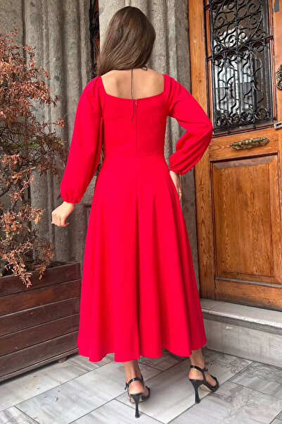 GÜLSELİ Red Kiloş Evening Dress - Square Collar, Shoulder and Ankle Drawstring, Slit Detail