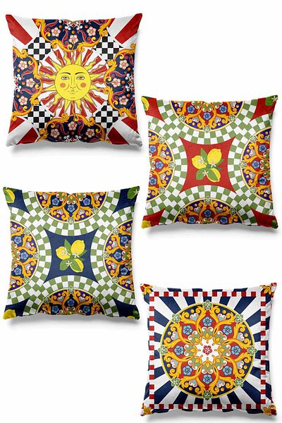 Pilloveland Set de 4 huse de pernă din piele întoarsă imprimata cu model sicilian