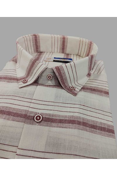 DİGO Linen Striped Transverse ReGular Fit Short Sleeve Shirt