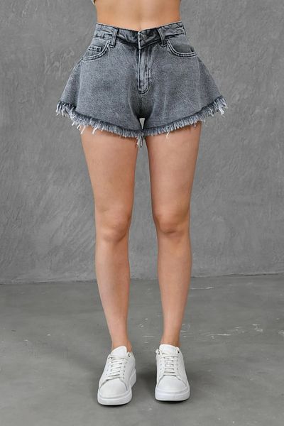WOMAN VISION High Waist Lycra Free Anthracite Denim Shorts - Flounced, Wide Cut 70361