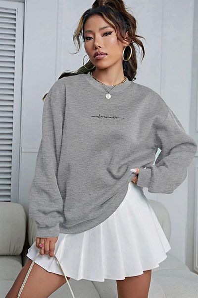 Millionaire Hanorac pentru damă, gri, cu imprimeu Dreamer, 0 cu gâtul turnat, supradimensionat, largi, fleece