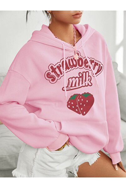 Millionaire Dámská růžová jahoda s potiskem, 3 vlákna, žebrovaná, s kapucí, klokaní kapsa, oversize, ležérní mikina s kapucí