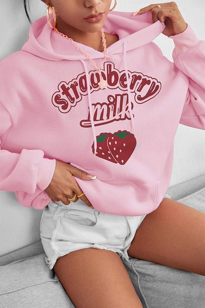 Millionaire Women's Pink Strawberry Printed 3 Thread Ribbed Hooded Kangaroo Pocket Oversize Casual Hoodie Sweatshirt
