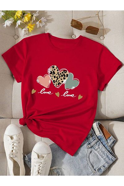 Mella&Co Tricou oversize din bumbac pieptănat pentru damă - Tricou imprimat cu inimi