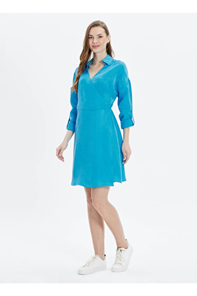 Selen Gömlek Yaka Düz Mavi Standart Kadın Elbise 24YSL7403