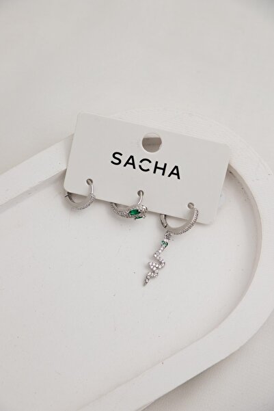 Sacha Accessories مجموعة حلقات فضية على شكل ثعبان من حجر الزركون - أقراط