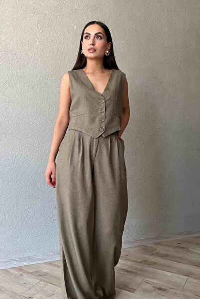 Seda Yalçın Atelier Relaxed Cut Linen Trousers - Khaki Pleat Detail