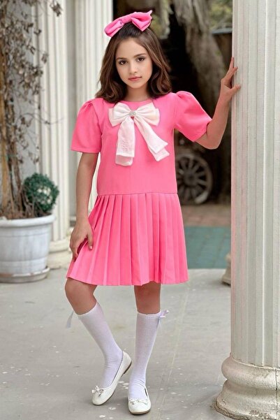 Riccotarz Kız Çocuk Göğsü Fiyonk Detaylı Eteği Pliseli Pembe Elbise