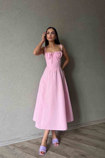 Seda Yalçın Atelier Pink Corset Detailed Dress with Thin Straps