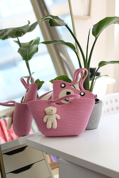 Moom Bag 2-Piece Mother and Daughter Handbag - Pink Knitted, Accessory Detailed
