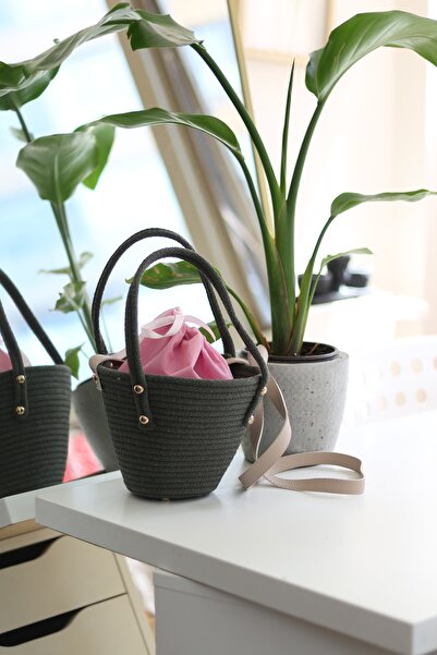 Moom Bag Khaki Colored Women's Knitted Shoulder Bag - Double Handle and Drawstring Strap Detail