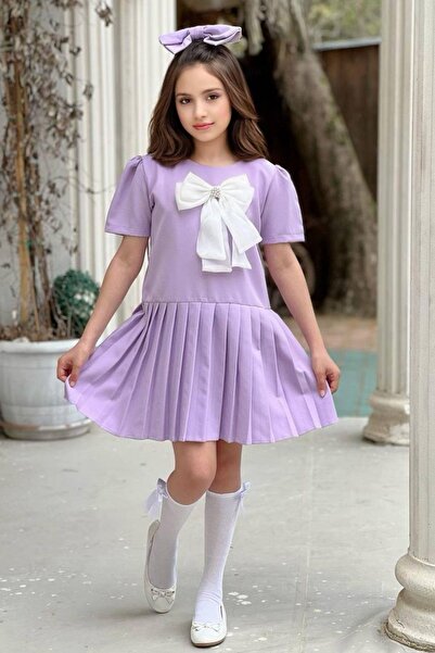 Riccotarz Kız Çocuk Göğsü Fiyonk Detaylı Eteği Pliseli Lila Elbise
