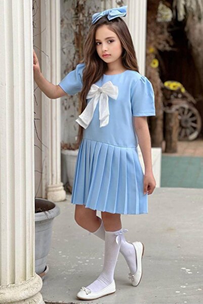 Riccotarz Kız Çocuk Göğsü Fiyonk Detaylı Eteği Pliseli Mavi Elbise