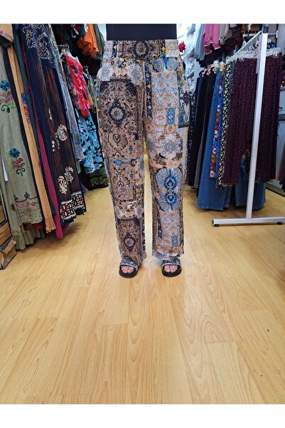 NUR TEKSTİL kadın  kahve desenli viskon pamuklu beli lastikli cepli  büyük be...