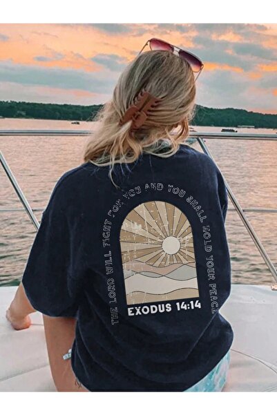 over head oh تي شيرت نسائي كبير الحجم مطبوع باللون الأزرق الداكن