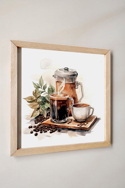 Wooden Factory Ξύλινο πλαίσιο, Παρουσίαση καφέ με εφέ ακουαρέλας, ζεστός καφές, τούρκικος καφές