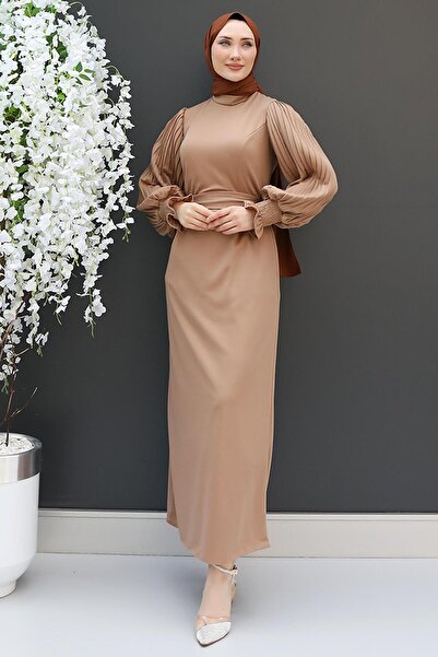 GİZ AGİYİM Kolu Piliseli Gipeli Elbise Sütlükahve