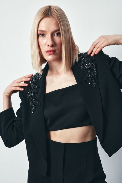 Sateen Black Short Jacket - Shoulder Accessory