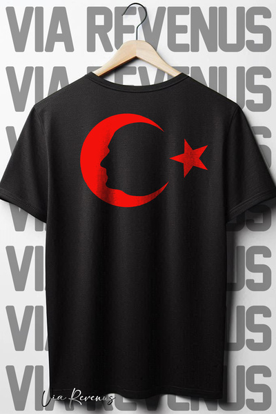 Vordevia Μαύρο μπλουζάκι Oversize με σιλουέτα Ataturk - Φεγγάρι και αστέρι στ...