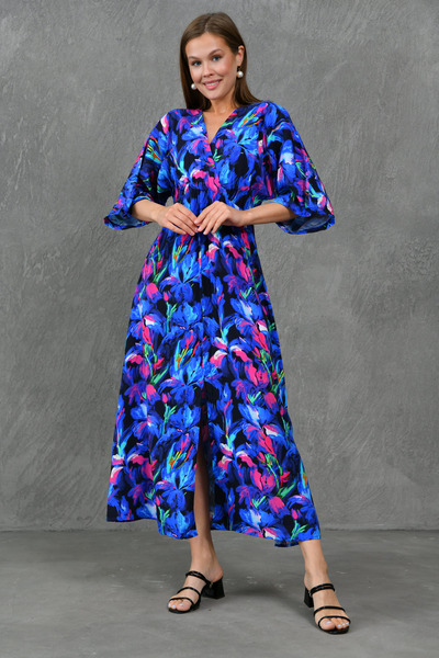 vuvutasarım Μπλε φλοράλ στάμπα Διπλό γιακά Μίντι Φόρεμα - Νυχτερίδα μανίκι, ελαστική μέση, μπροστινό σκίσιμο 3154