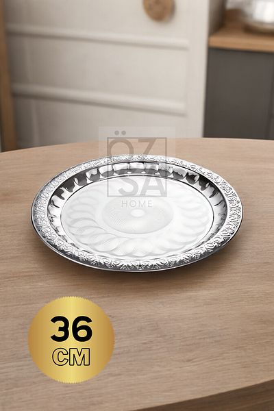 ÖzSa Home 36cm Round Stainless Steel Patterned Coffee Serving Tray