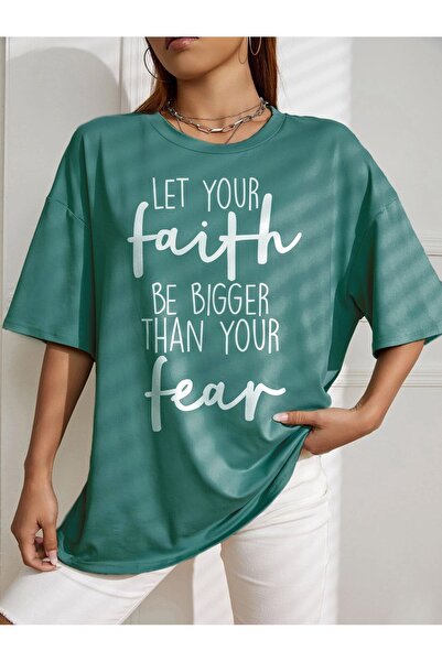 LAND MODA Oversized T-shirt με Εμπριμέ LET YOUR FAITH BE BIGER THE YOUR FEAR