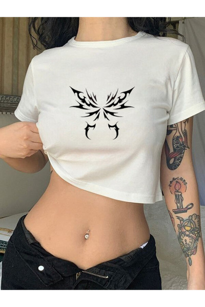 Violon Tricou Crop Body pentru femei alb cu imprimeu model fluture gotic