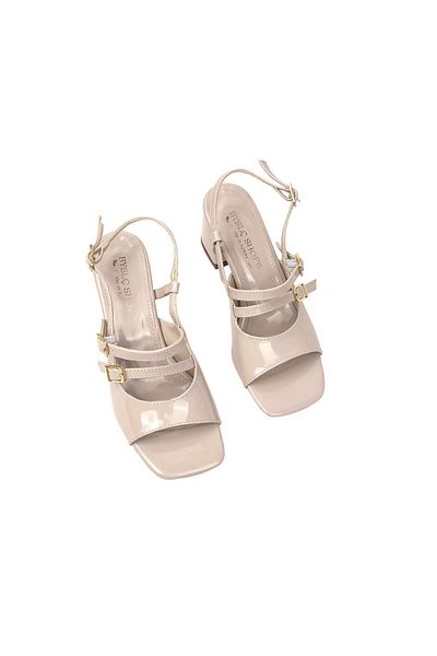 bescobel 5 cm Beige Patent Leather Fonka Women's Sandals - Low Heel and Buckle Detail