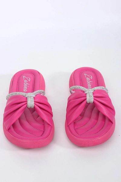 SUNSTEP Zabina Fuchsia Rugy Summer Slippers - Flat Sole with Thin Bands and Stones