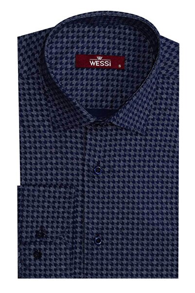 Damask Desenli Slim Fit Uzun Kollu Mavi Erkek Gömlek - Wessi