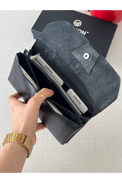 DERKON Black Genuine Leather - Natural Model Wallet with Phone Compartment