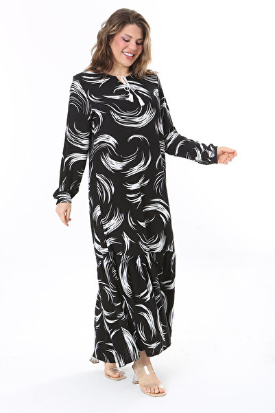 Şans Černé viskózové šaty větší velikosti s vrstvenou sukní – dlouhý rukáv 65N37958