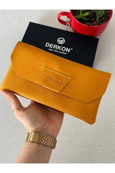 DERKON Yellow Genuine Leather - Natural Model Wallet with Phone Compartment