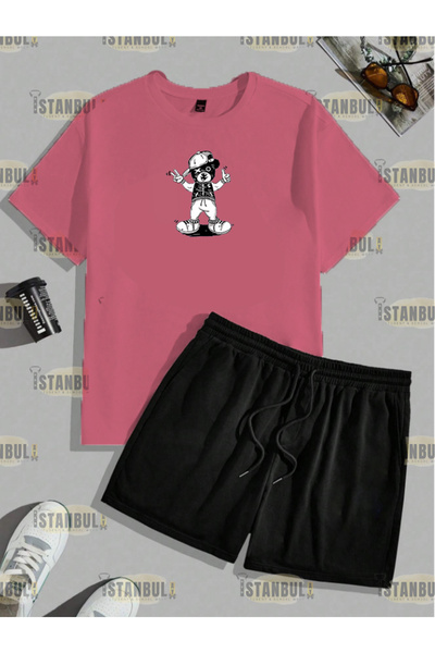 aynewmoda Σετ μπλουζάκι και σορτς με στάμπα Happy Street Bear