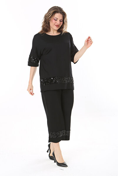 Şans Plus Size Black Sequined Blouse and Pants Set - 65N37973