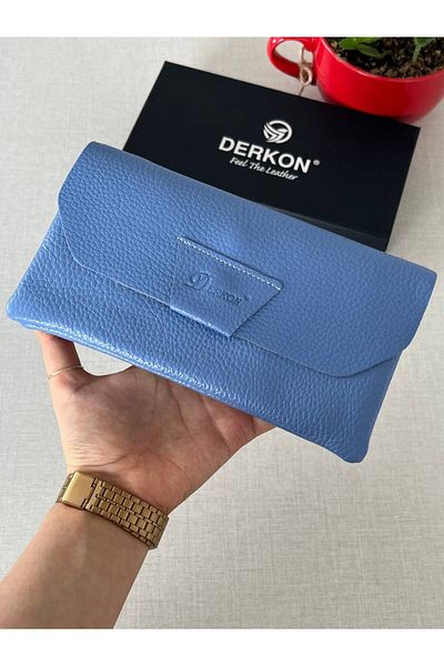 DERKON Genuine Leather Wallet with Blue Phone Compartment - Natural Model