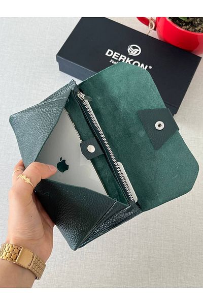 DERKON Green Genuine Leather - Natural Model Wallet with Phone Compartment