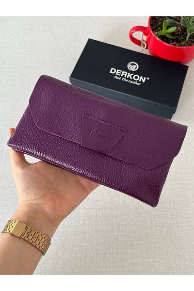 DERKON Purple Genuine Leather Wallet with Phone Compartment - Natural Model