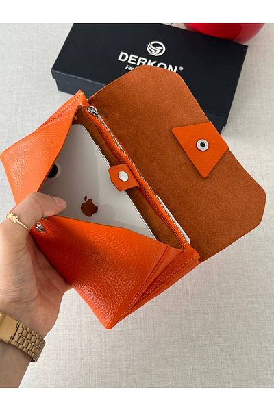 DERKON Orange Genuine Leather - Natural Model Wallet with Phone Compartment